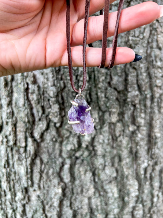 Raw Amethyst Necklace on Leather Cord • 26 inches - ANBE Designs